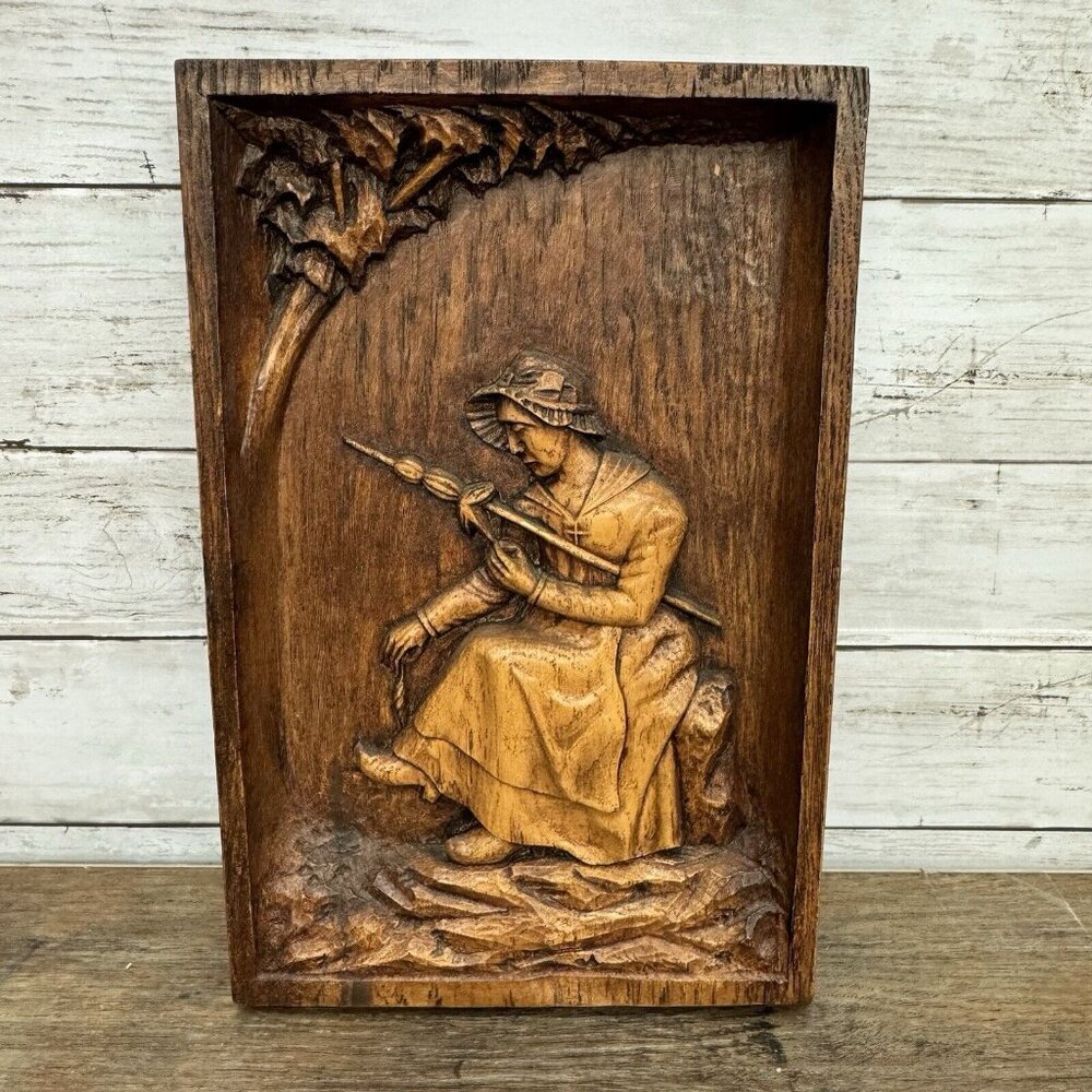 Hand carved Wooden Diorama Picture Plaque 3d Wood Lady Antique Vintage Wall Art